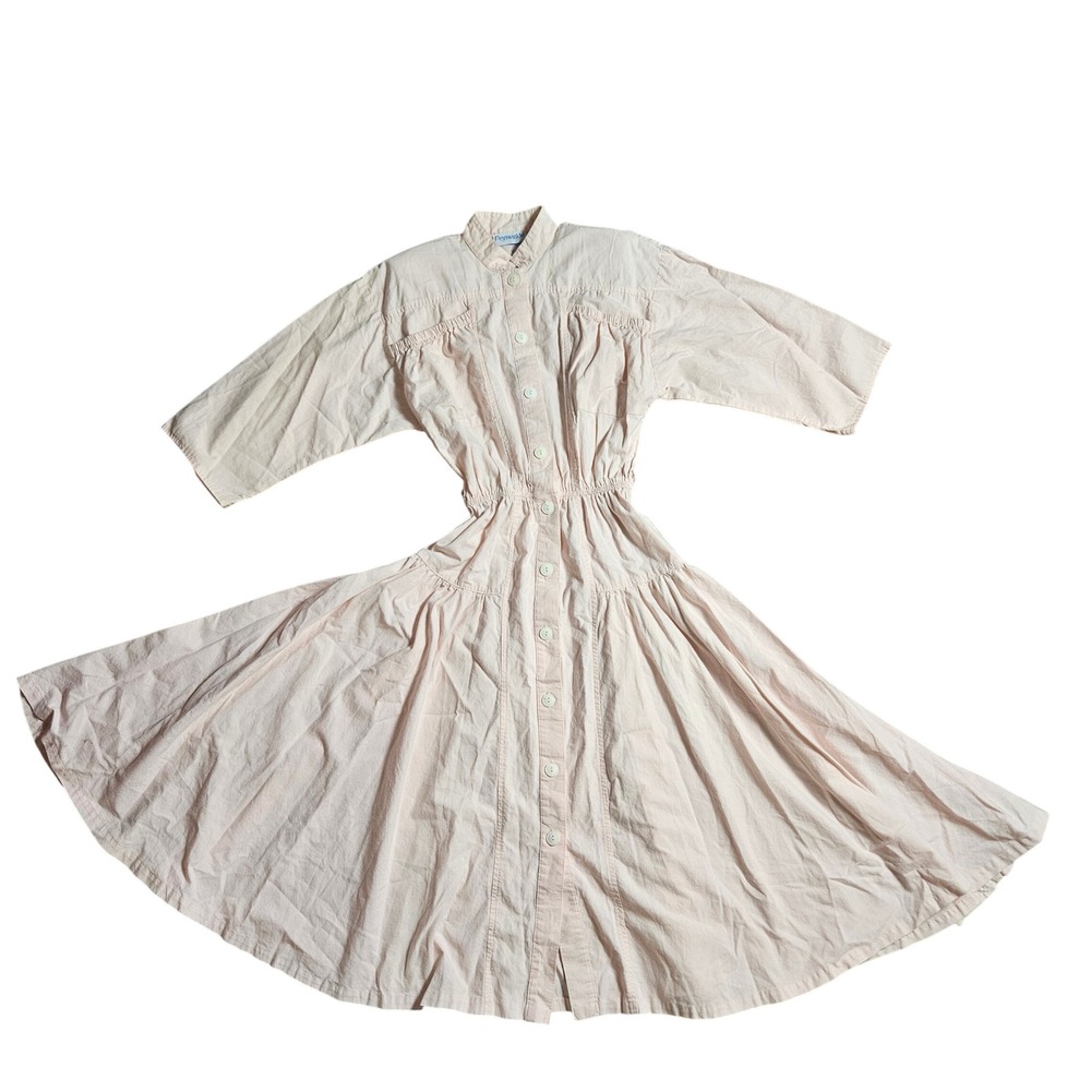 Vintage Periwinkle Button Front Midi Dress S 3/4 Sleeve Pleated Cottagecore